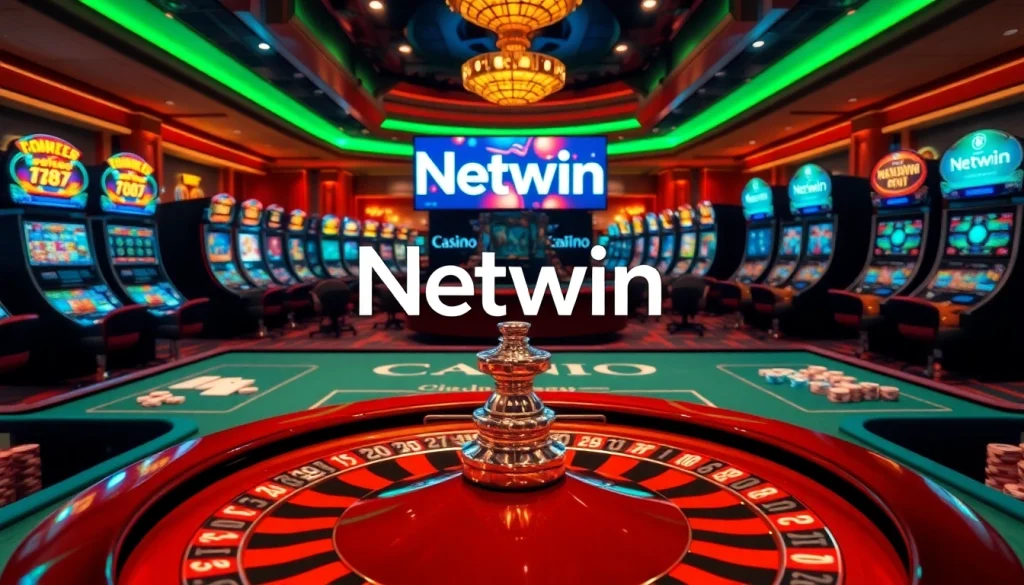 Experience thrilling gameplay at Netwin with vibrant slot machines and a roulette table.
