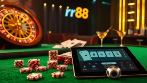 Experience thrilling gaming at rr88 with a luxurious casino setup featuring poker chips and a roulette wheel.
