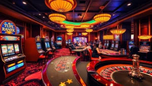 Enjoy games at nhà cái king88 with colorful slot machines and poker tables in a vibrant casino scene.