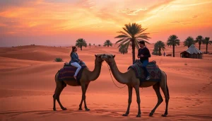 Camel ride Marrakech at sunset in the Agafay Desert capturing serene landscapes and cultural charm.