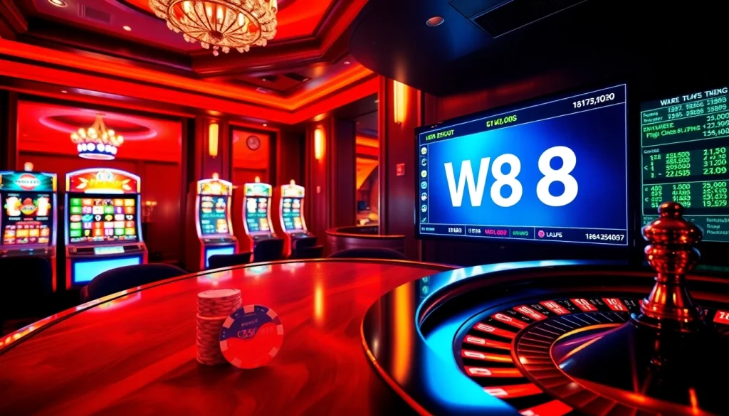 Engage with the excitement of W88 link in a luxurious online casino environment showcasing tables and slot machines.