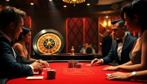 KJC online casino patrons enjoying a luxurious poker game with vibrant visuals and elegant atmosphere.