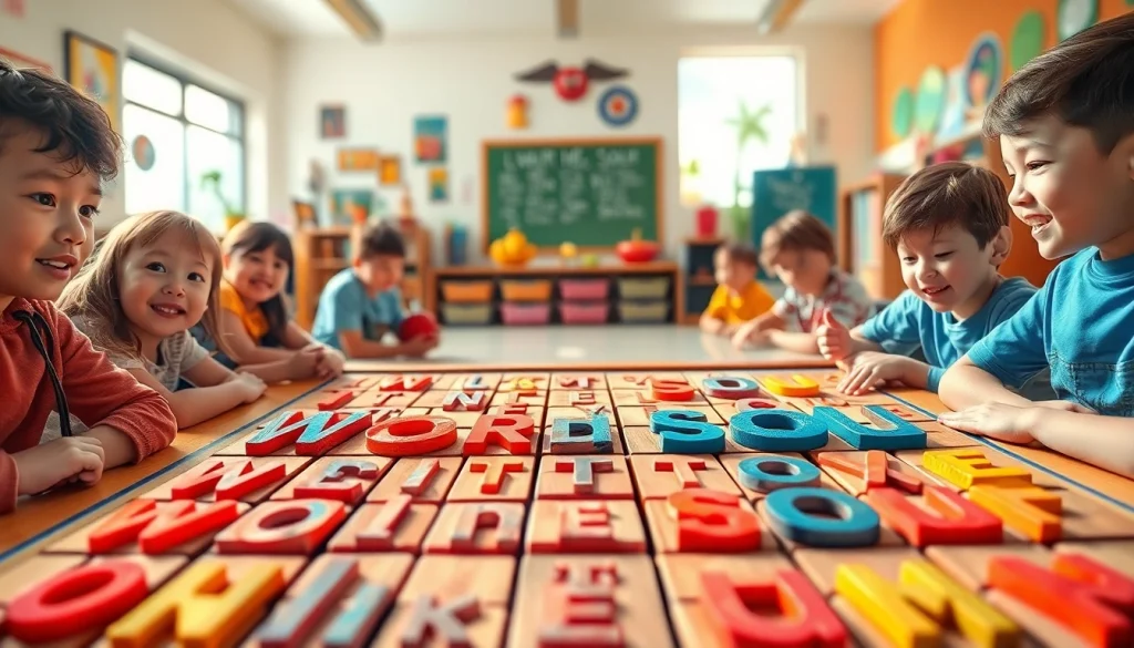 Engaged kids solving a Word Soup puzzle in a lively classroom.