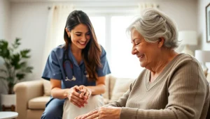 Caregiver provides in home care austin tx while assisting a senior in a warm, welcoming environment.