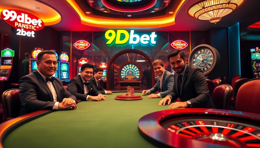 Players enjoy a thrilling poker game at 9Dbet's luxurious casino, surrounded by slot machines and roulette.