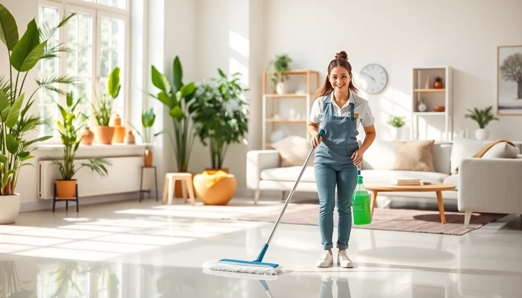 Cleaning service professional maintaining a sparkling home in a bright, modern environment.