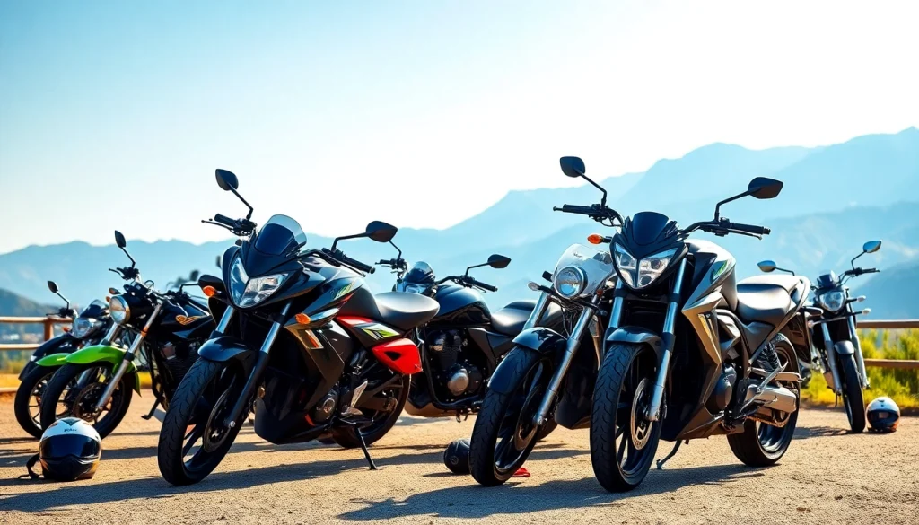 Showcasing used motorcycles for sale against a scenic mountain backdrop with vibrant colors.