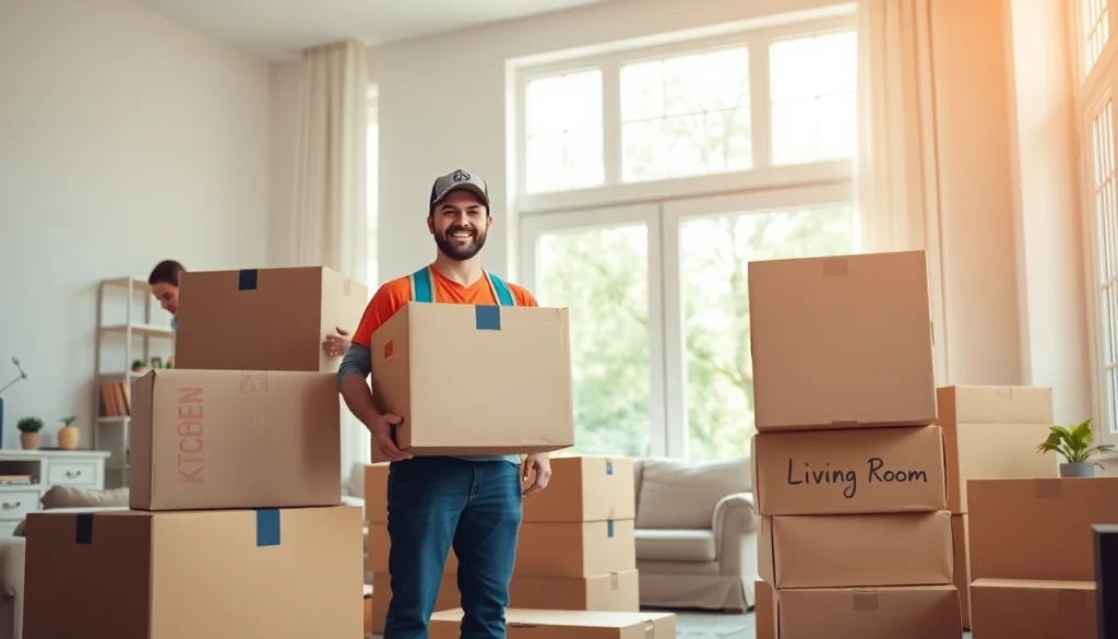 Movers Vancouver packing boxes efficiently in a bright living room setting.