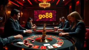 Experience the thrill of gambling with dynamic players at a casino, featuring link vào go88 on the digital display.
