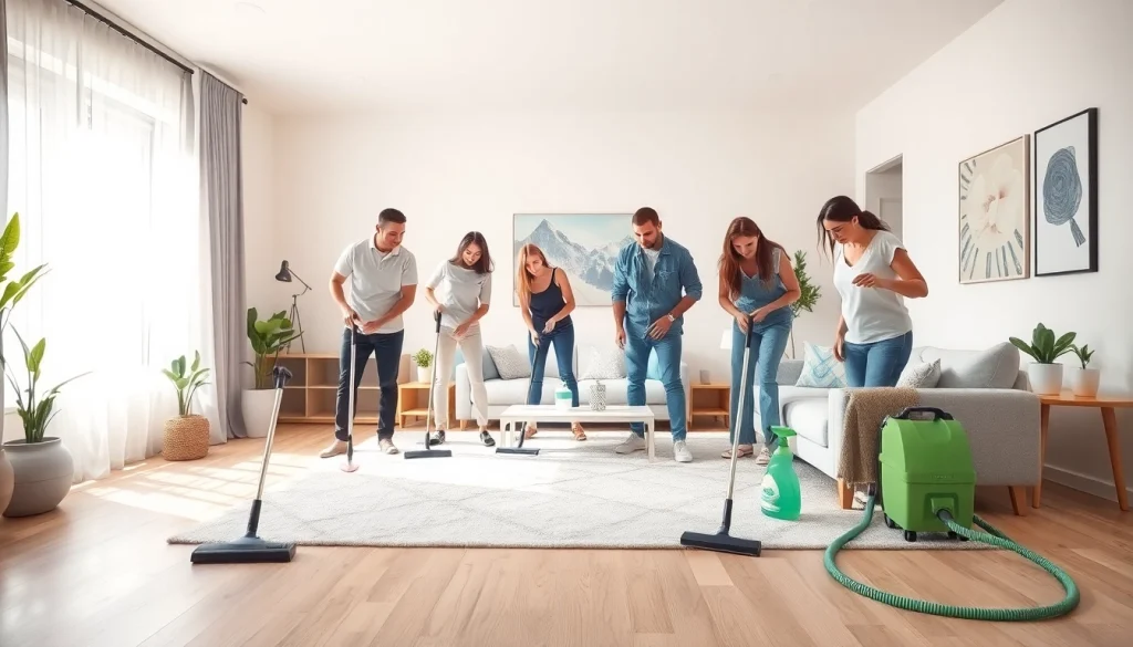 Team providing a cleaning service in a well-lit living room, showcasing cleanliness.