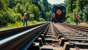 Workers performing railroad maintenance on tracks under bright sunlight, ensuring safety and efficiency.