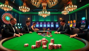 A high-stakes poker game at sinbet.ink with colorful chips and a luxurious casino setting.