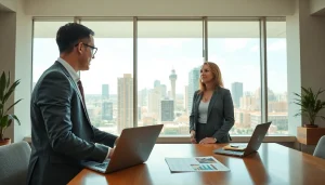 Engaging real estate agent presenting properties in a modern office environment.