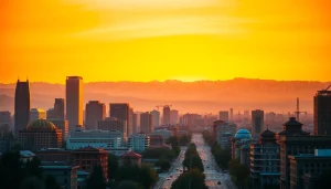 Experience the stunning Almaty skyline at sunset showcasing https://albmaftoh.com's vibrant culture and architecture.