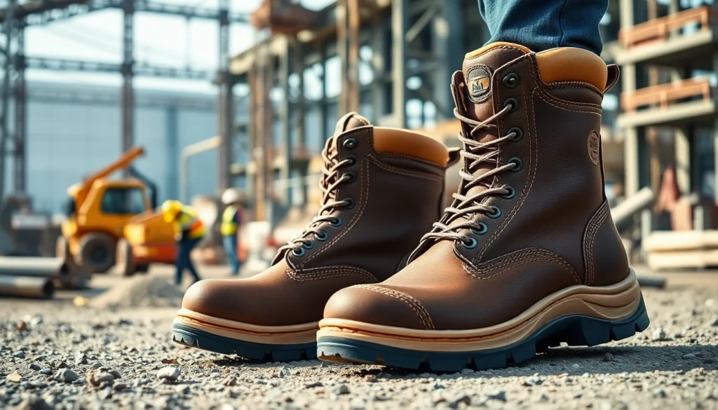 Showcasing Vaultex safety boots Kenya with robust design and steel-toe protection on a construction site.