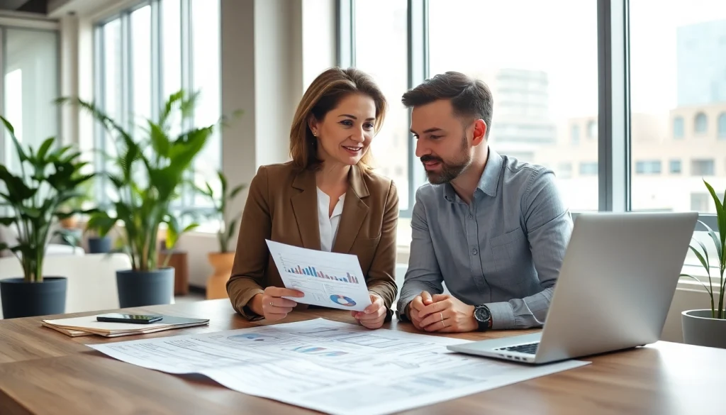 Księgowość dla spółki budowlanej zilustrowana w nowoczesnym biurze z księgowym i klientem.
