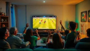 Watch Diema Sport online free in a lively living room as fans celebrate a thrilling football match.