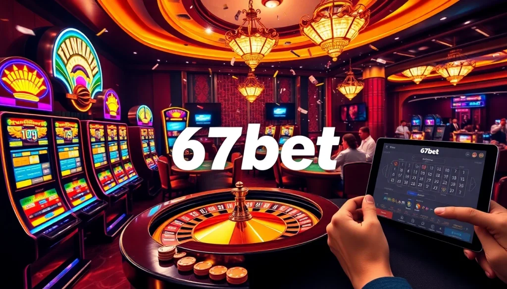 Players enjoying thrilling games at 67bet casino with vibrant slots and a roulette wheel.