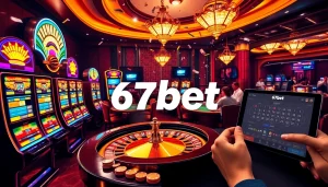 Players enjoying thrilling games at 67bet casino with vibrant slots and a roulette wheel.