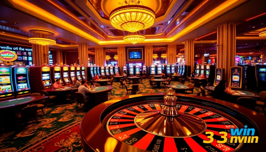 The dynamic casino gaming scene at 33win.rentals showcasing roulette, cards, and slot machines.
