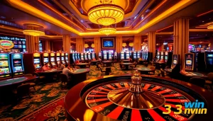 The dynamic casino gaming scene at 33win.rentals showcasing roulette, cards, and slot machines.