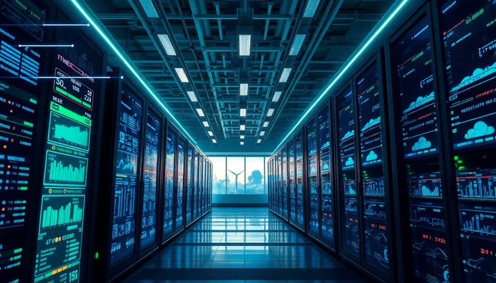 Cloud crypto mining operation in a modern data center with renewable energy sources.