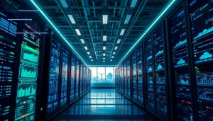 Cloud crypto mining operation in a modern data center with renewable energy sources.