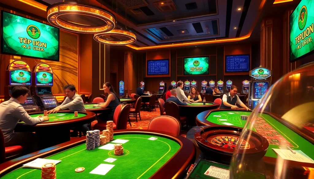 A vibrant casino scene featuring TẬP ĐOÀN KJC, showcasing players at poker and roulette tables with colorful chips and slot machines.