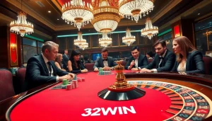 Players strategizing their moves at 32WIN's luxurious poker table, capturing the excitement of casino gaming.