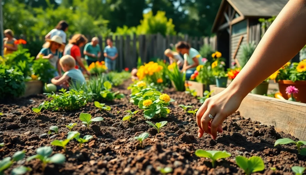 Engaging scene of Gardening with diverse individuals nurturing vibrant plants in a community garden setting.