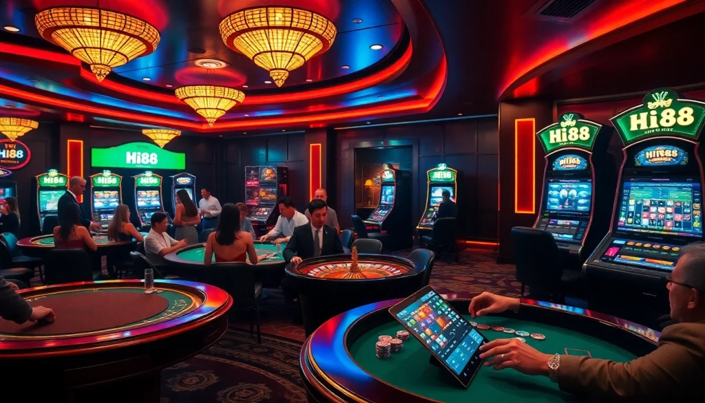 Players enjoying a vibrant casino experience at Hi88 with poker, roulette, and online gambling activities.