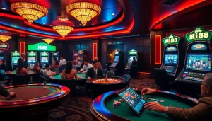 Players enjoying a vibrant casino experience at Hi88 with poker, roulette, and online gambling activities.