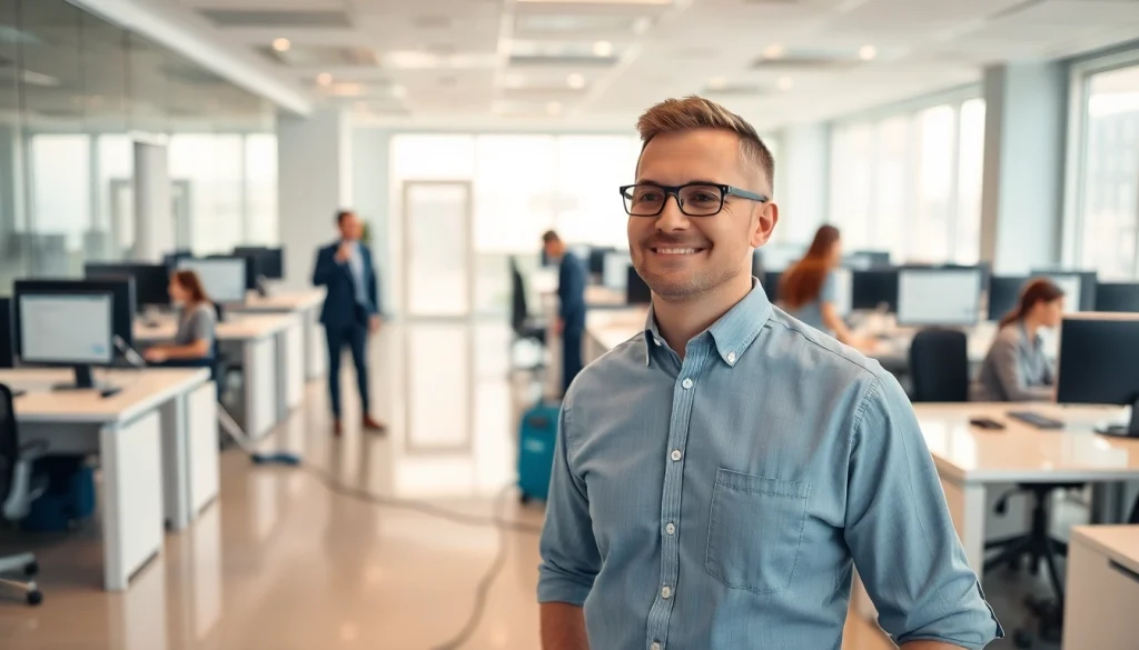 Efficient commercial cleaning company team ensuring a spotless office environment.