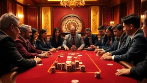 Exciting poker game at 54BET casino with players, chips, and cards in a luxurious setting.