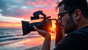 Videographer filming a breathtaking sunset on the beach with professional equipment.