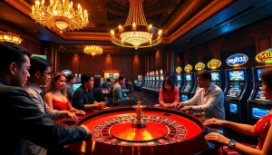 Players betting at a casino table featuring the muji138 logo, showcasing excitement and strategic gameplay.