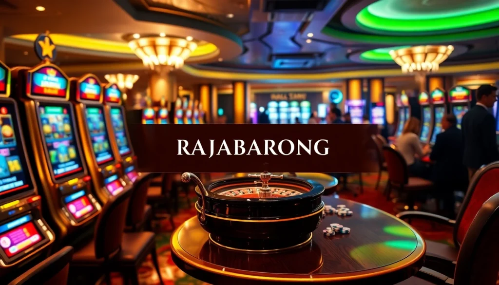RAJABARONG showcases excitement with players at vibrant slot machines in a luxurious casino.