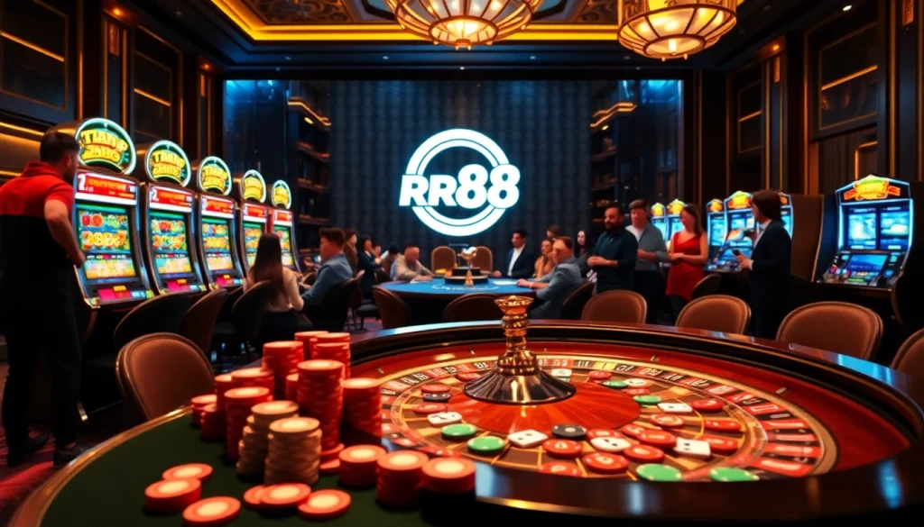 Exciting gambling scene on Trang Chủ RR88 with poker cards, chips, and a roulette wheel.