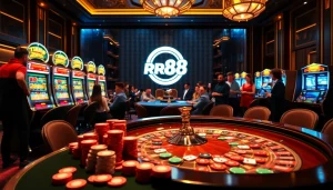 Exciting gambling scene on Trang Chủ RR88 with poker cards, chips, and a roulette wheel.