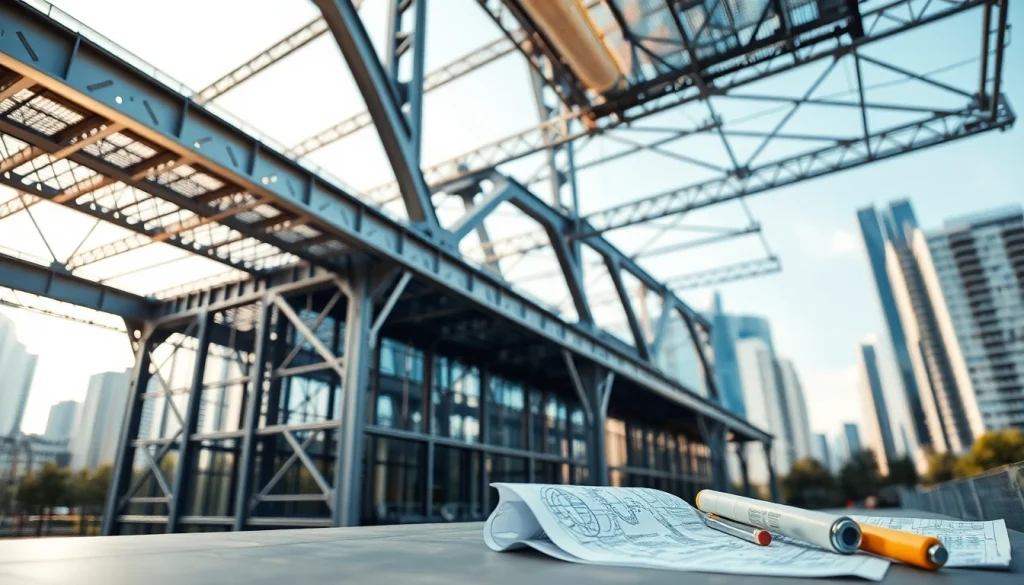 Showcasing steel structure design with a modern building and intricate framework in an urban environment.