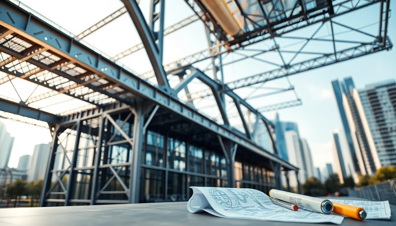 Showcasing steel structure design with a modern building and intricate framework in an urban environment.