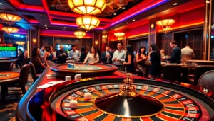Experience thrilling gameplay at VN88 with a vibrant casino scene featuring poker games and roulette.