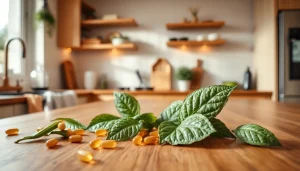 健康志向の方々のために木製のキッチンカウンターに並ぶ自然派葉酸サプリ。