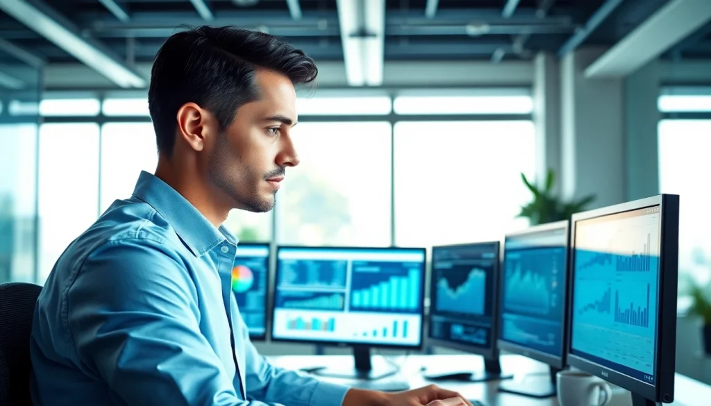 Analyze competitive intelligence data in a modern office setting with digital displays.