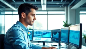 Analyze competitive intelligence data in a modern office setting with digital displays.