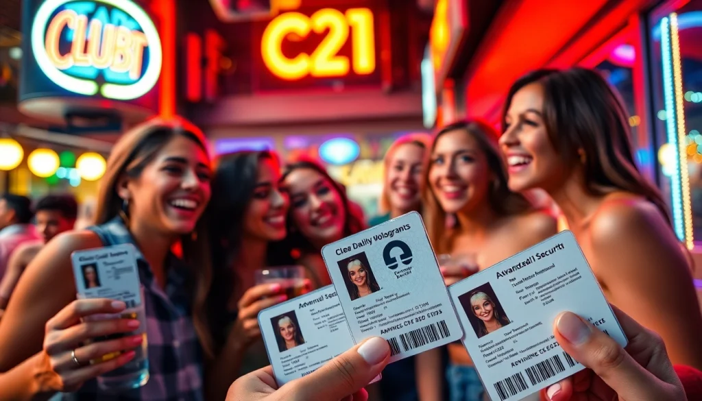 Young friends enjoying nightlife with Club 21 ids, showcasing vibrant IDs and a lively atmosphere.