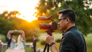 Professional videographer filming a wedding ceremony in a beautiful park at sunset.
