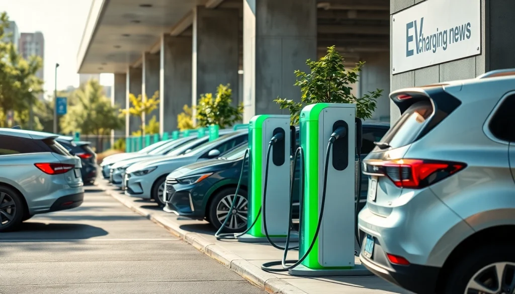 Showcasing the latest EV charging news with advanced stations in an urban setting.