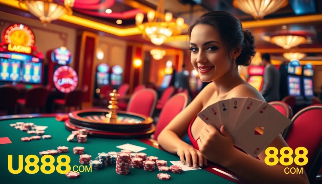 Players enjoying their luck at U888 COM casino table with vibrant colors and excitement.