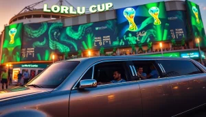 World Cup Group Transportation in a luxury limousine outside a vibrant LA stadium, celebrating the event.